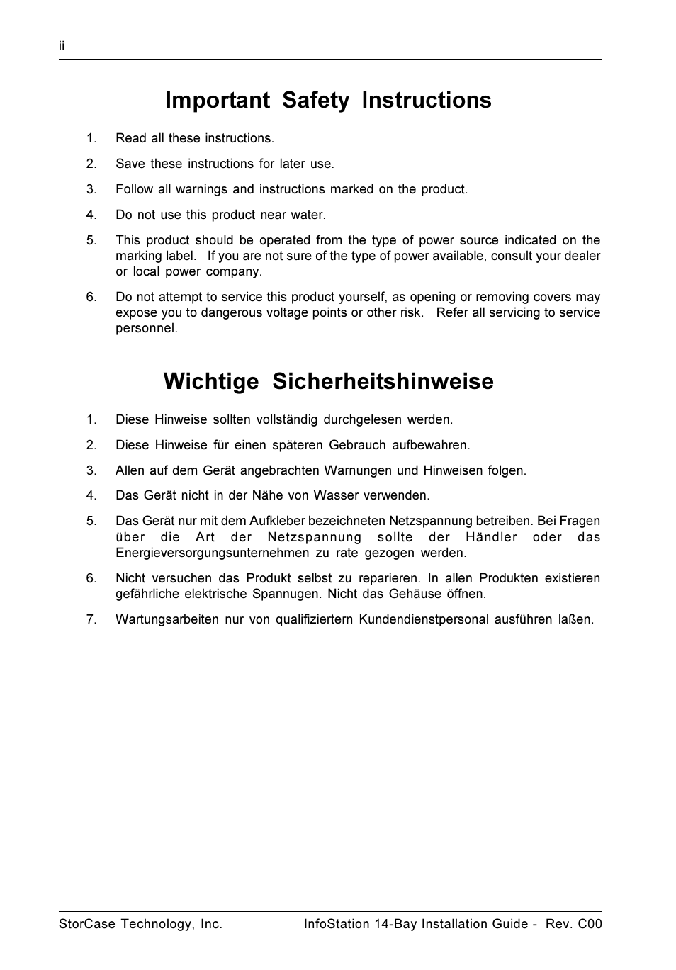 Important safety instructions, Wichtige sicherheitshinweise | StorCase Technology 14-Bay 4U SCSI Ultra160 User Manual | Page 3 / 25