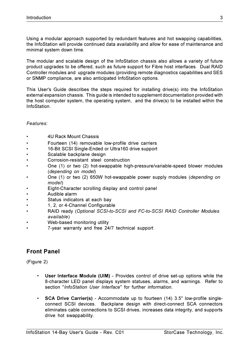 Front panel | StorCase Technology 14-Bay 4U SCSI Ultra160 User Manual | Page 12 / 65