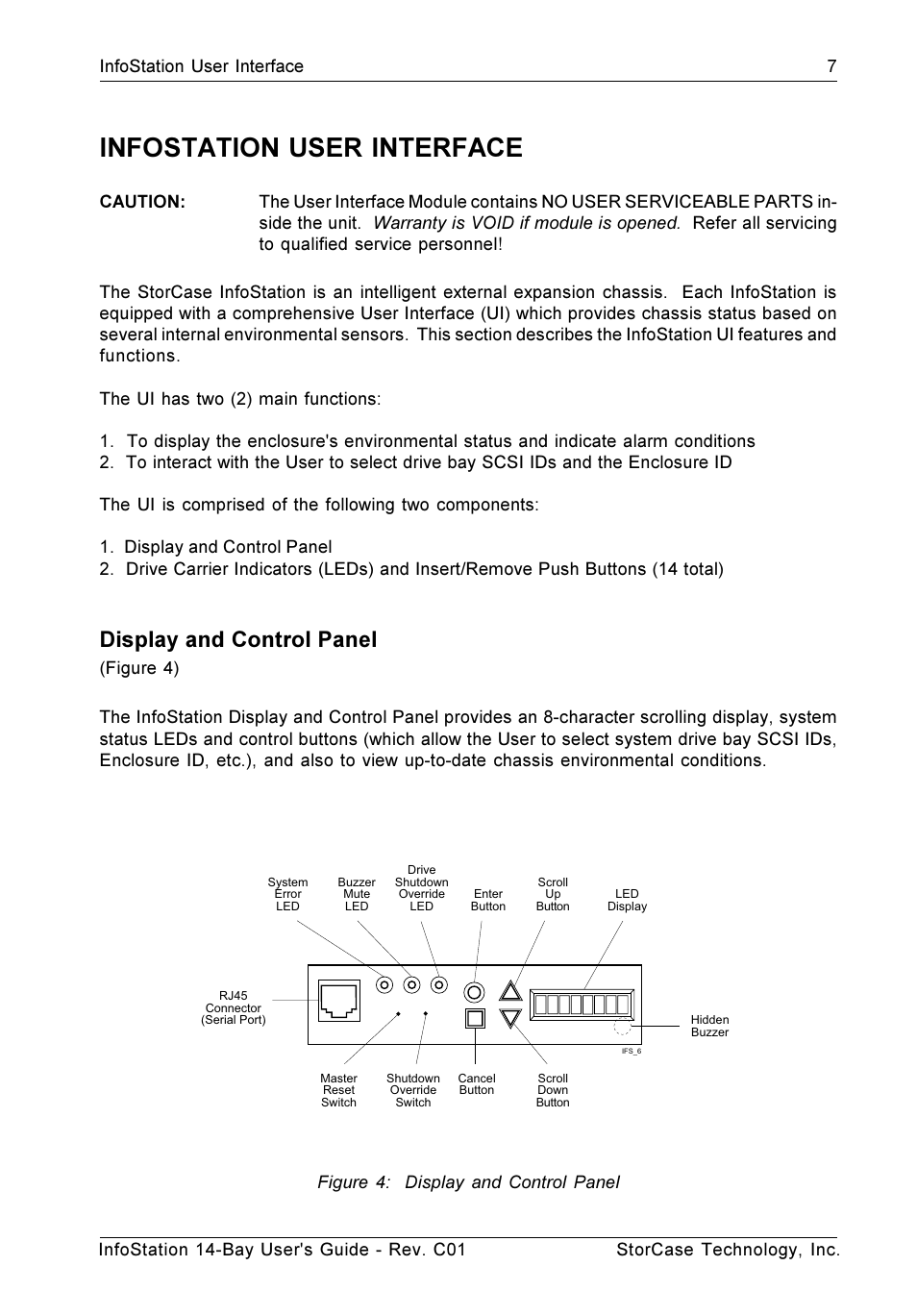 Infostation user interface, Display and control panel | StorCase Technology 14-Bay 4U SCSI Ultra160 User Manual | Page 16 / 65