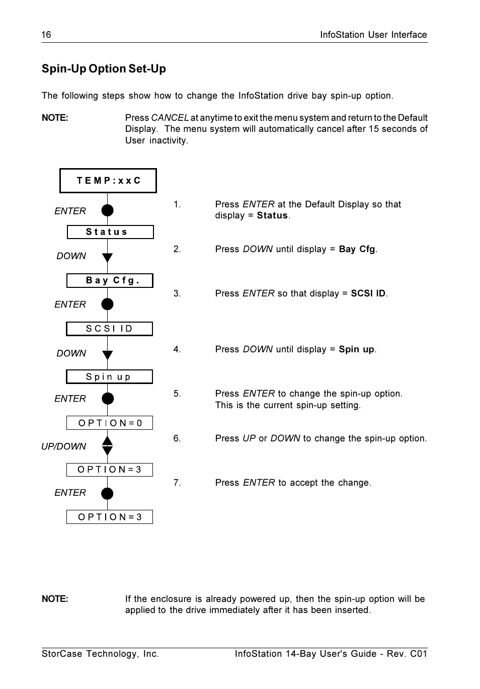 Spin-up option set-up | StorCase Technology 14-Bay 4U SCSI Ultra160 User Manual | Page 25 / 65