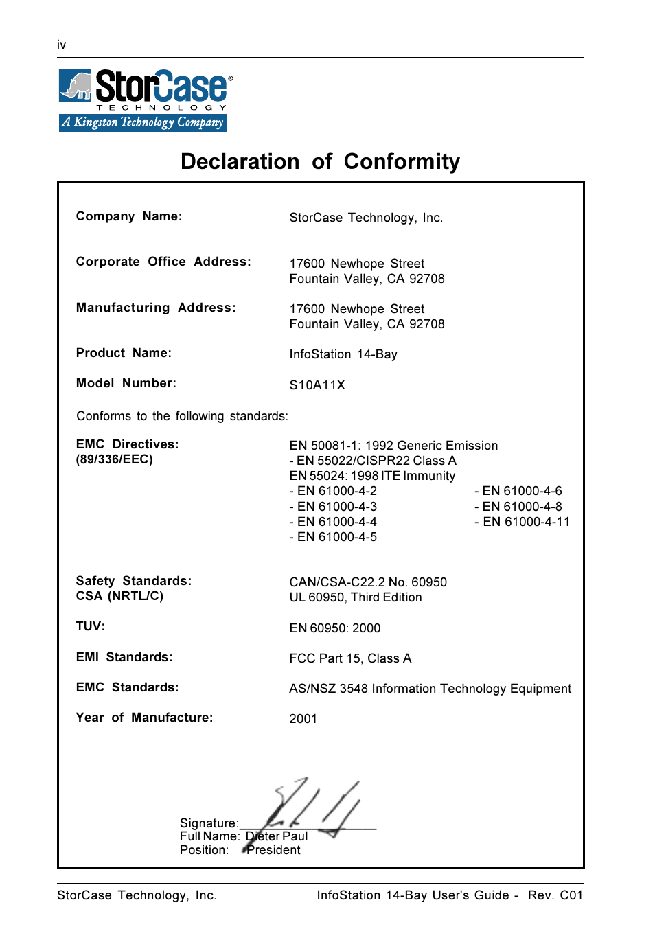 Declaration of conformity | StorCase Technology 14-Bay 4U SCSI Ultra160 User Manual | Page 5 / 65