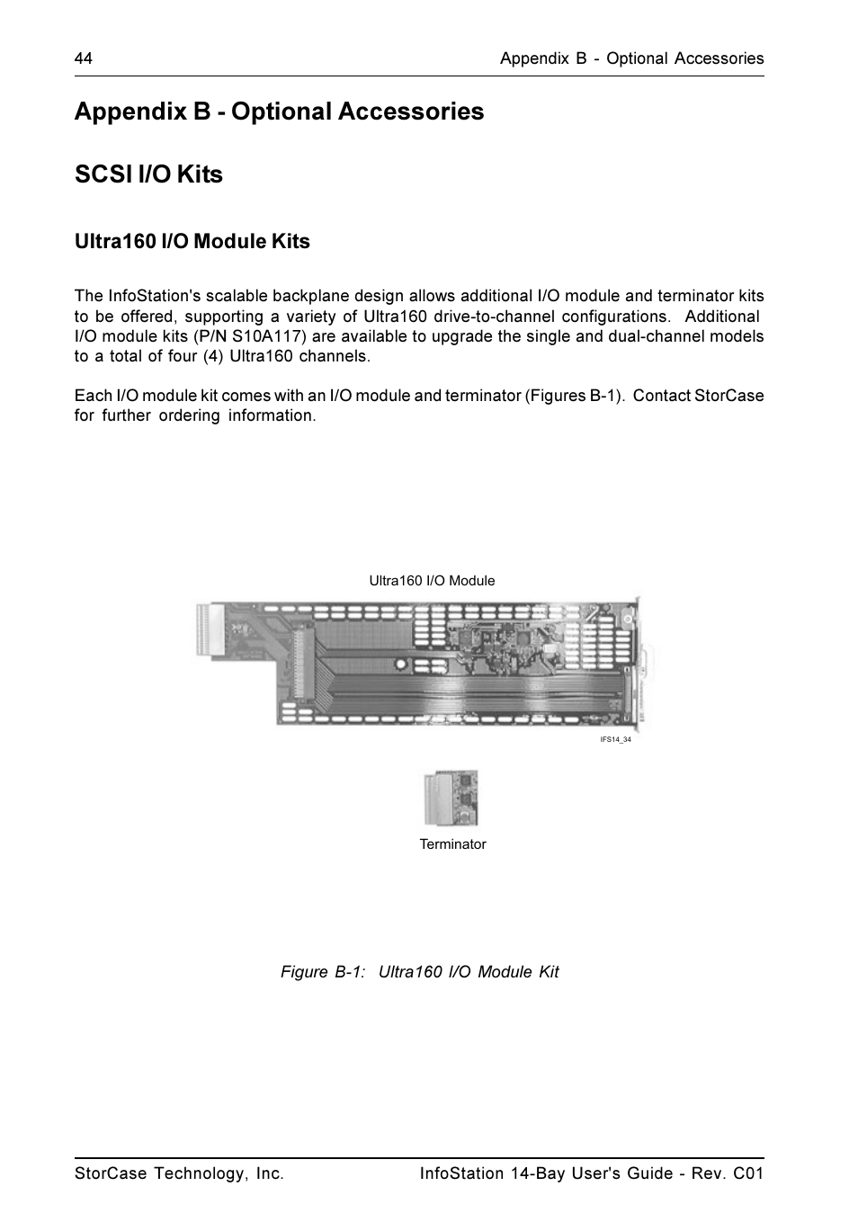 Appendix b - optional accessories scsi i/o kits, Ultra160 i/o module kits | StorCase Technology 14-Bay 4U SCSI Ultra160 User Manual | Page 53 / 65