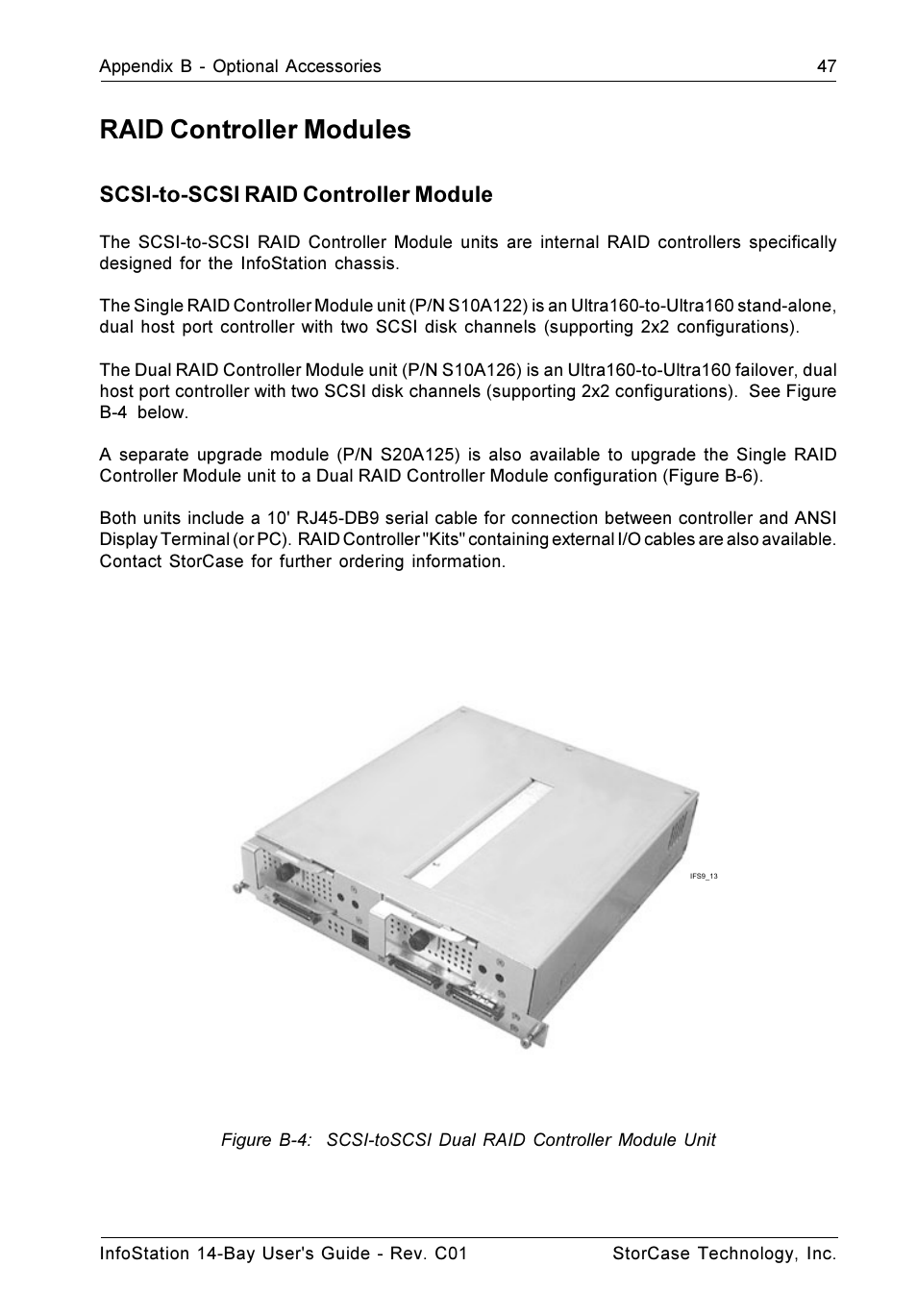 Raid controller modules, Scsi-to-scsi raid controller module | StorCase Technology 14-Bay 4U SCSI Ultra160 User Manual | Page 56 / 65
