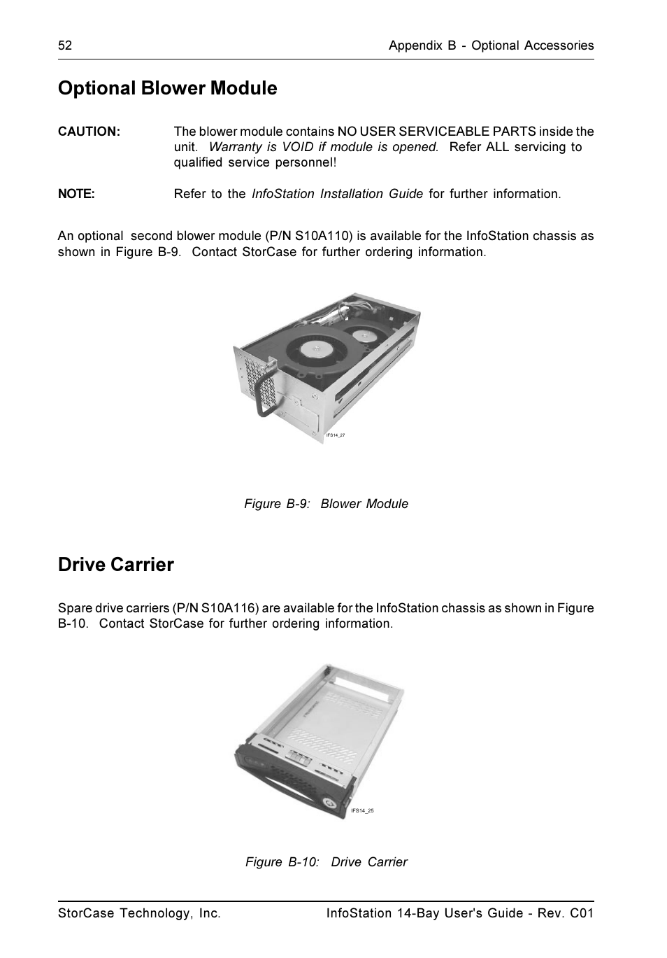 Drive carrier, Optional blower module | StorCase Technology 14-Bay 4U SCSI Ultra160 User Manual | Page 61 / 65