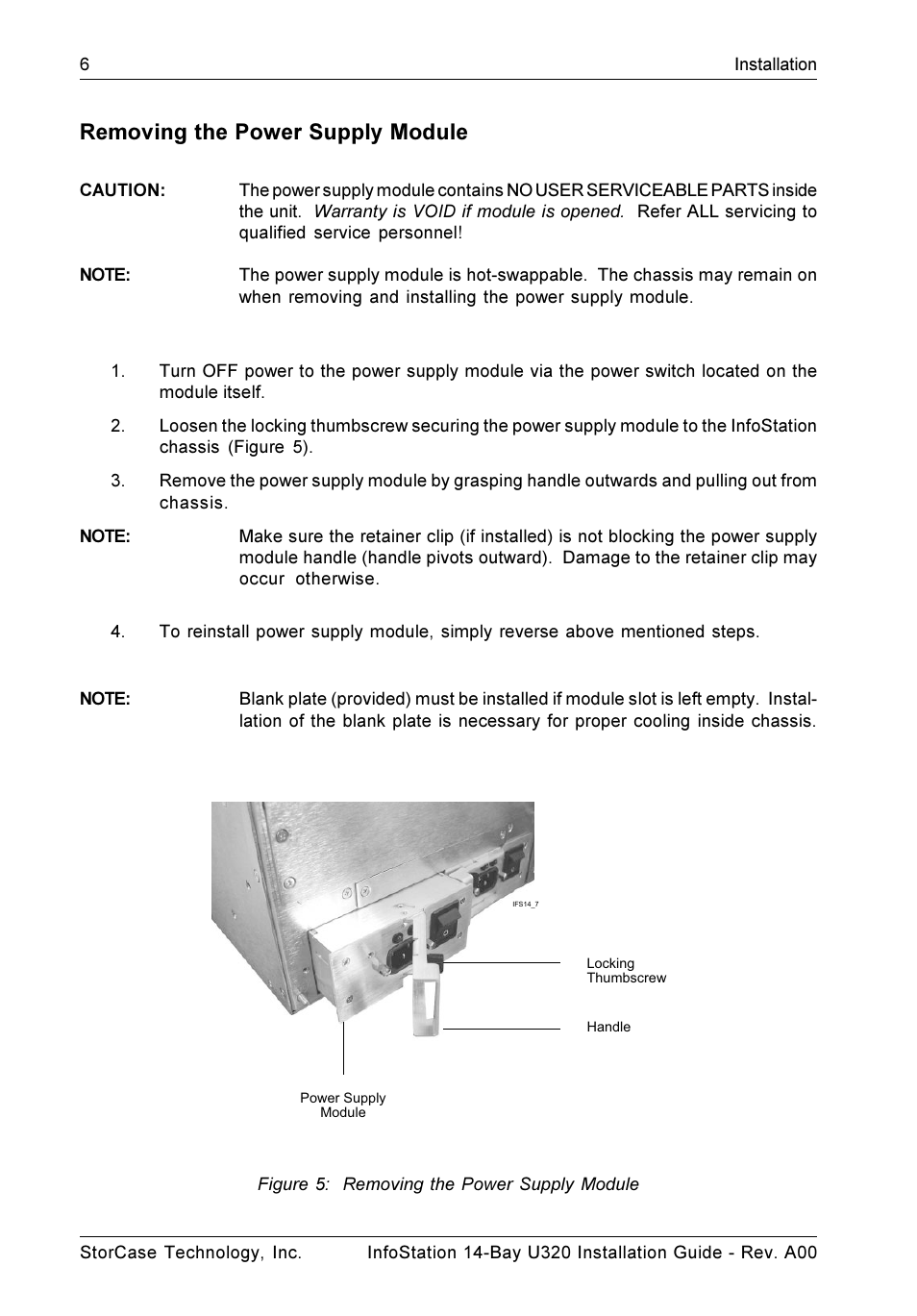 Removing the power supply module | StorCase Technology 14-Bay 4U SCSI Ultra320 User Manual | Page 11 / 27