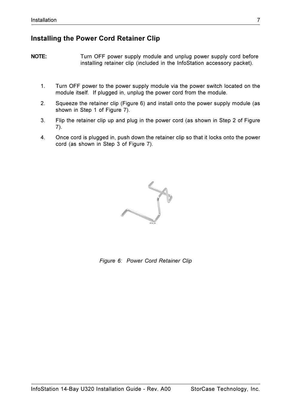 Installing the power cord retainer clip | StorCase Technology 14-Bay 4U SCSI Ultra320 User Manual | Page 12 / 27