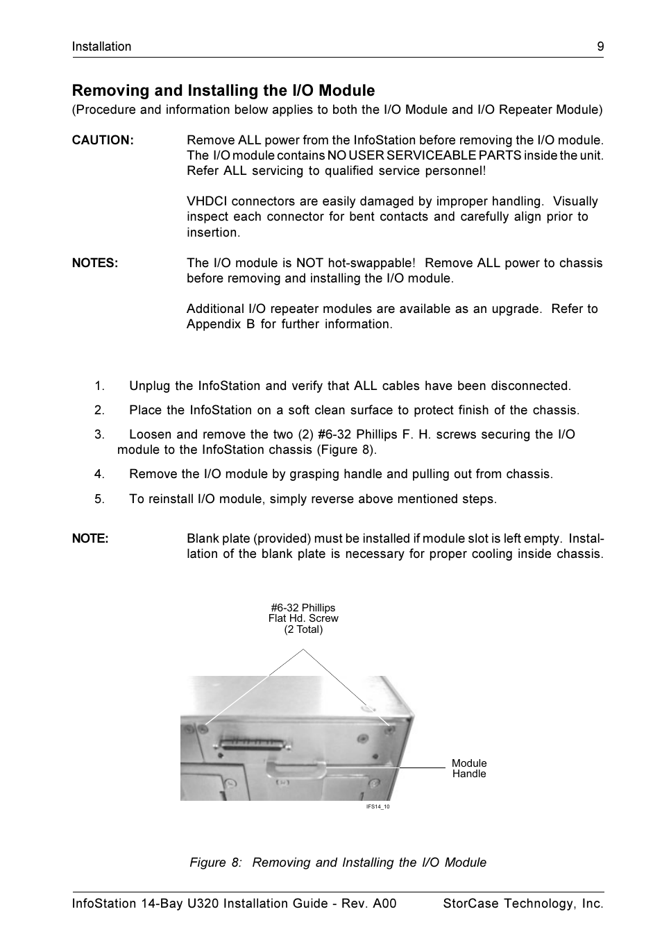 Removing and installing the i/o module | StorCase Technology 14-Bay 4U SCSI Ultra320 User Manual | Page 14 / 27