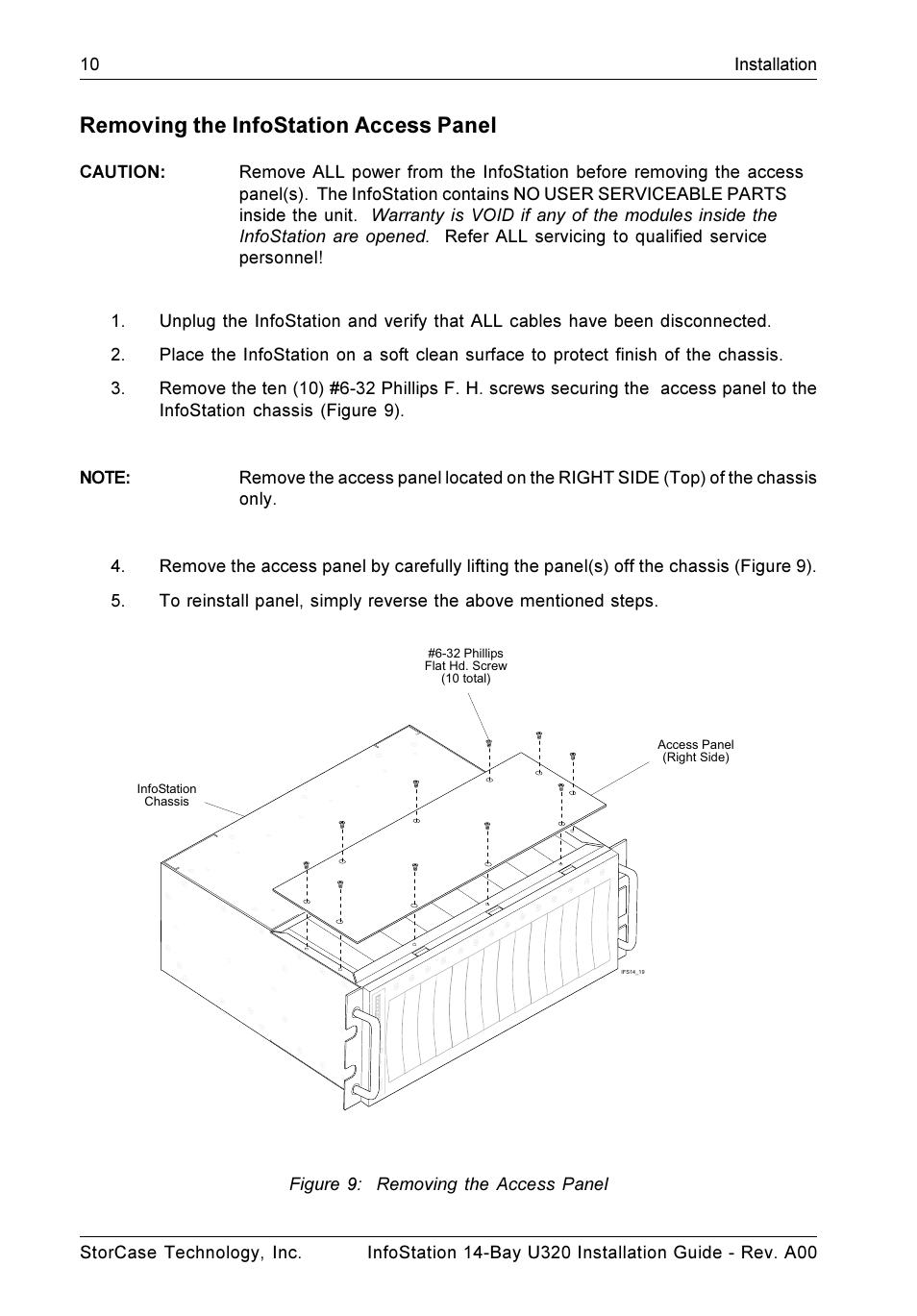 Removing the infostation access panel | StorCase Technology 14-Bay 4U SCSI Ultra320 User Manual | Page 15 / 27