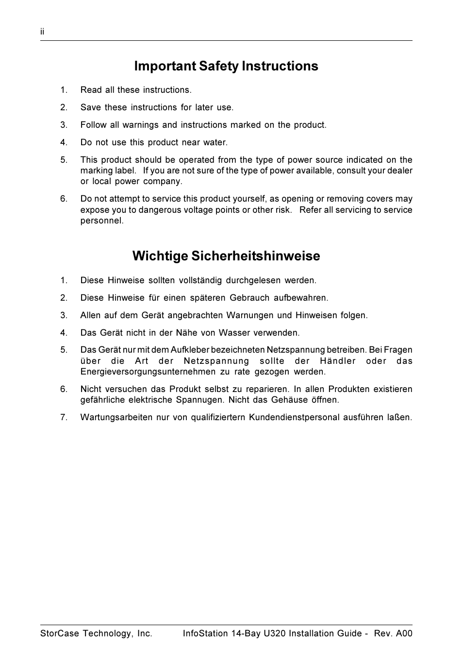 Important safety instructions, Wichtige sicherheitshinweise | StorCase Technology 14-Bay 4U SCSI Ultra320 User Manual | Page 3 / 27