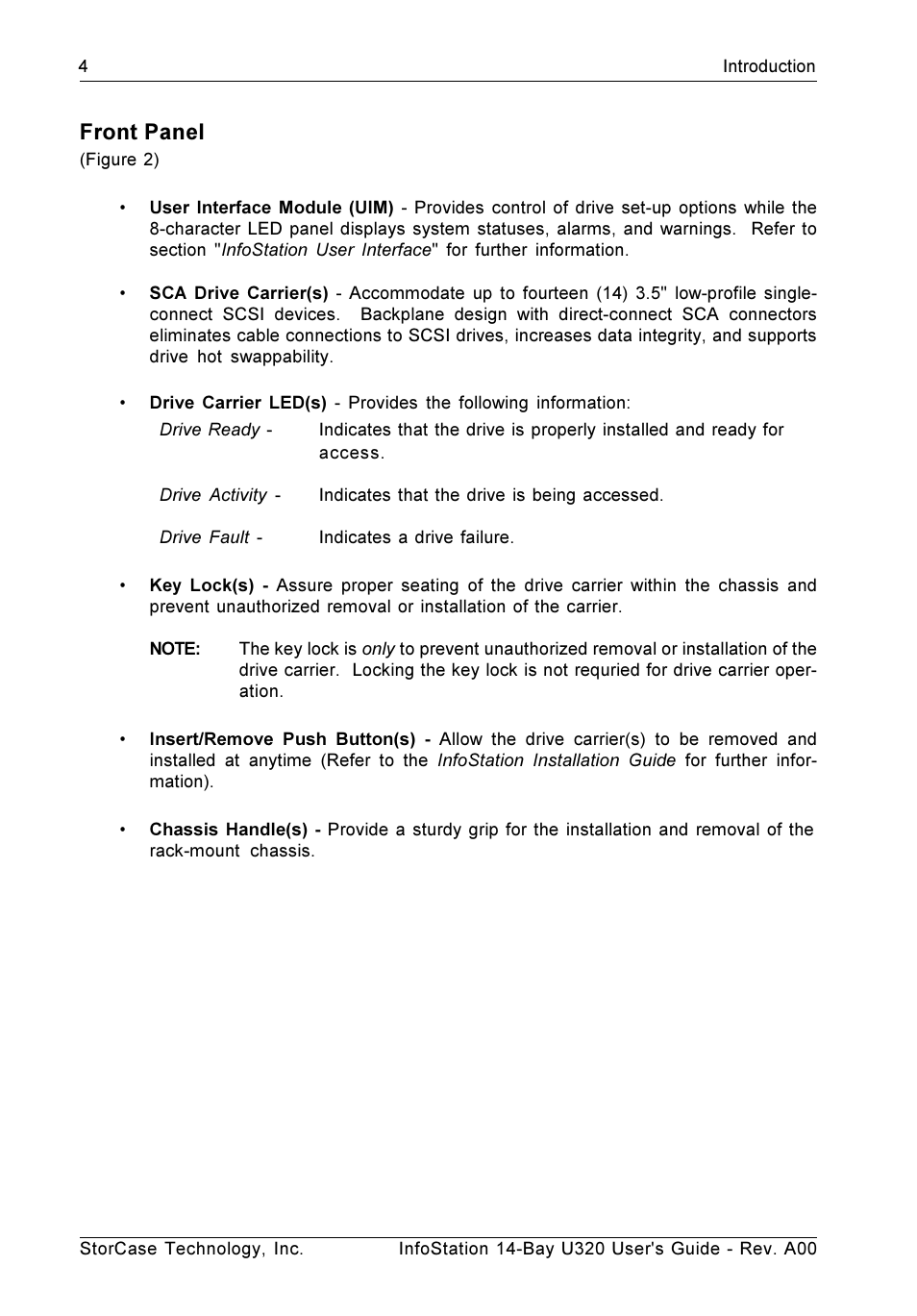 Front panel | StorCase Technology 14-Bay 4U SCSI Ultra320 User Manual | Page 13 / 65