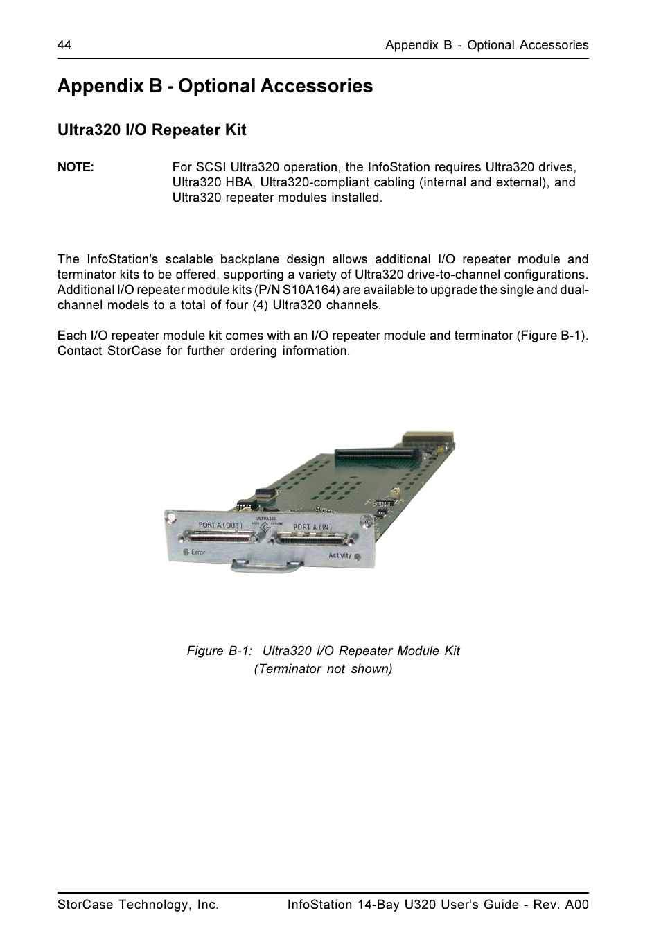 Appendix b - optional accessories, Ultra320 i/o repeater kit | StorCase Technology 14-Bay 4U SCSI Ultra320 User Manual | Page 53 / 65