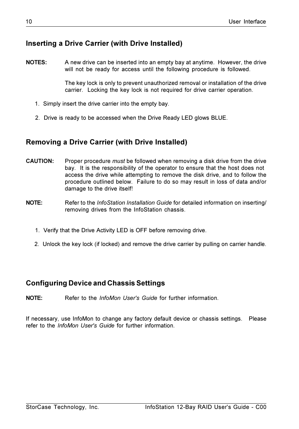 Inserting a drive carrier (with drive installed), Removing a drive carrier (with drive installed), Configuring device and chassis settings | StorCase Technology InfoStation 12-Bay 4U Ultra160/SATA User Manual | Page 21 / 77
