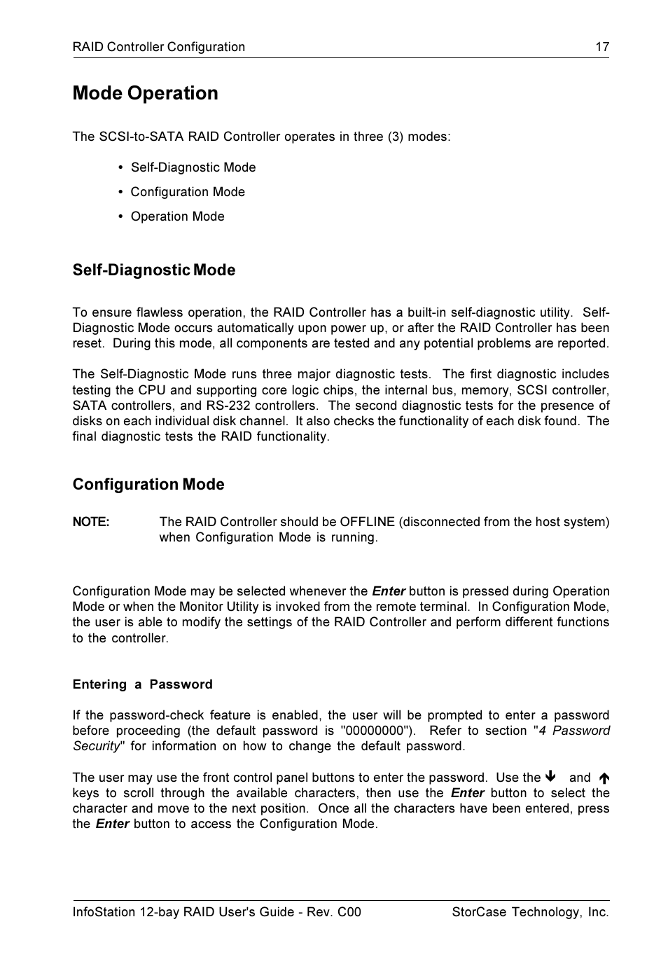 Mode operation, Self-diagnostic mode, Configuration mode | StorCase Technology InfoStation 12-Bay 4U Ultra160/SATA User Manual | Page 28 / 77