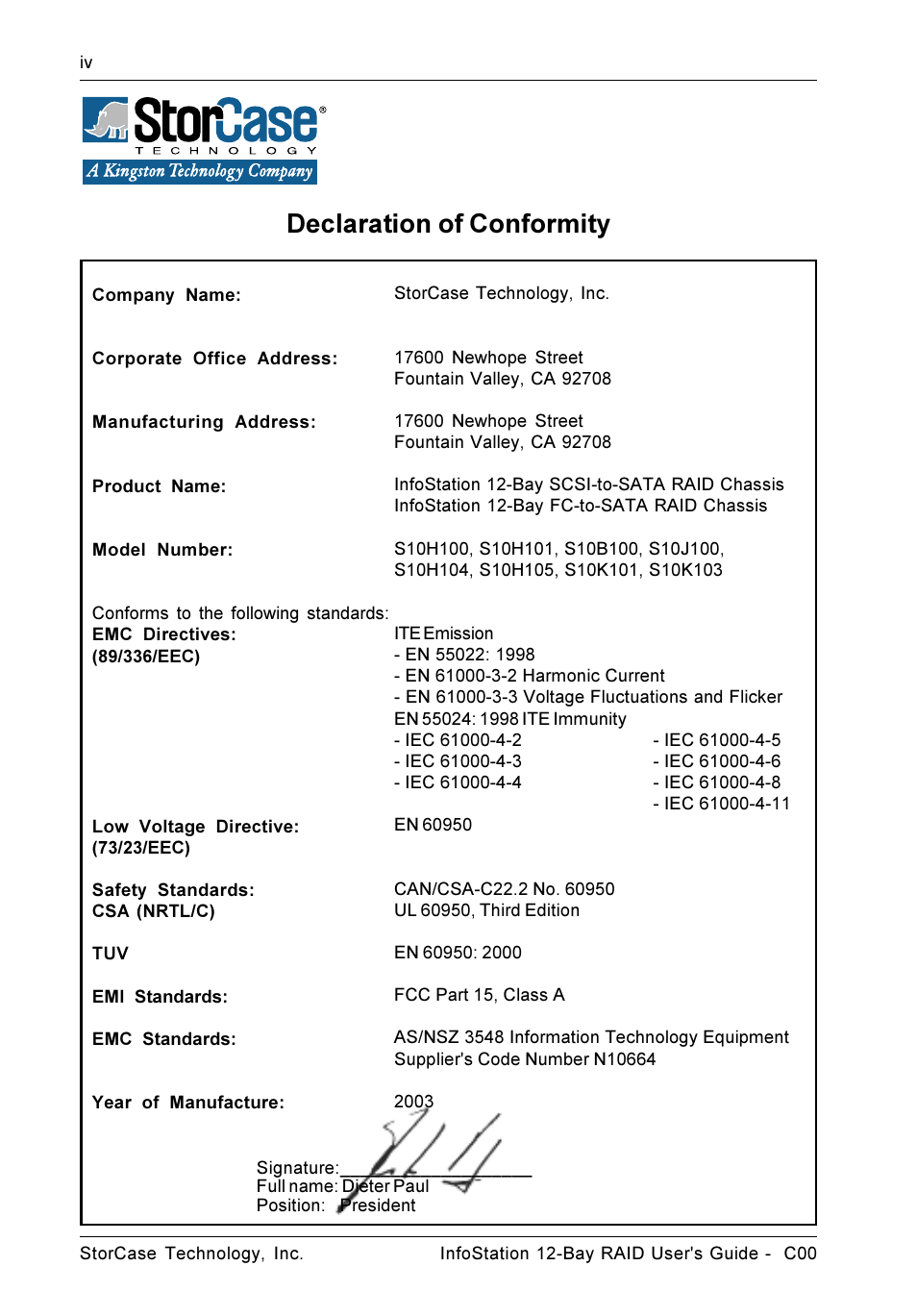 Declaration of conformity | StorCase Technology InfoStation 12-Bay 4U Ultra160/SATA User Manual | Page 5 / 77