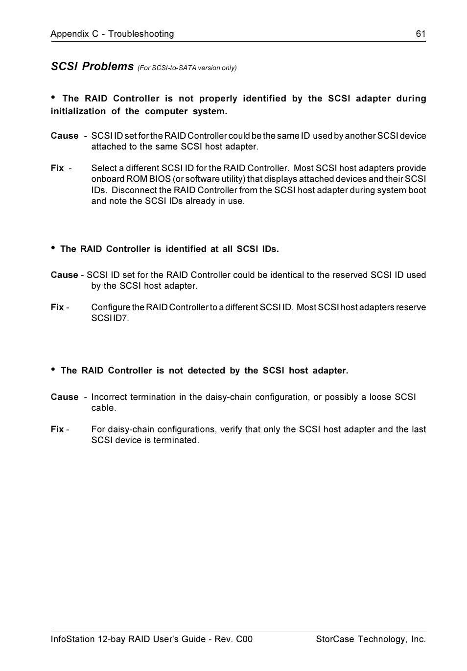 Scsi problems | StorCase Technology InfoStation 12-Bay 4U Ultra160/SATA User Manual | Page 72 / 77