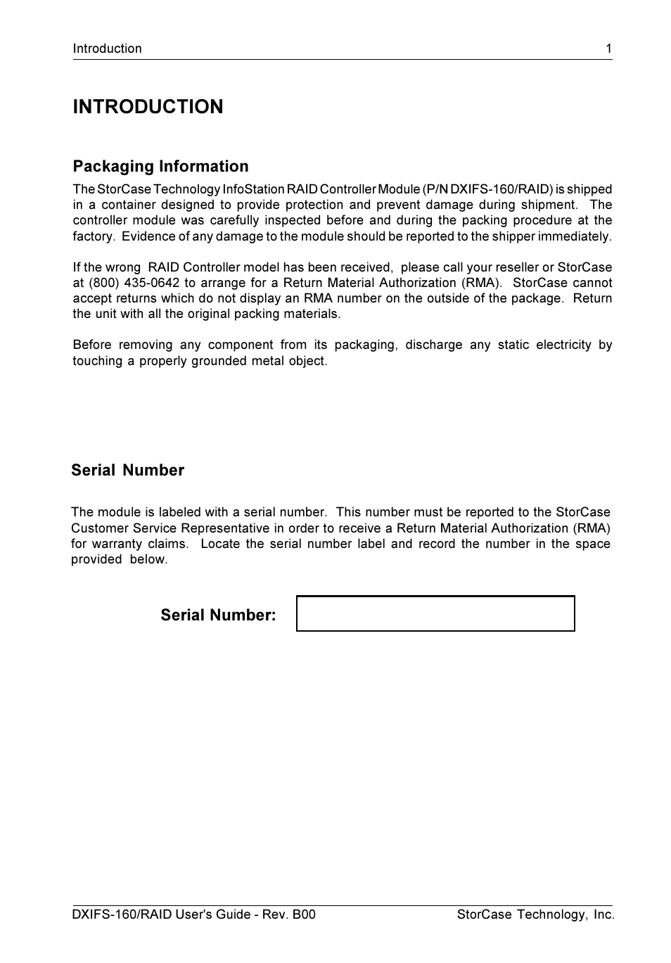 Introduction, Packaging information, Serial number | StorCase Technology SCSI-to-SCSI Single RAID User Manual | Page 11 / 82