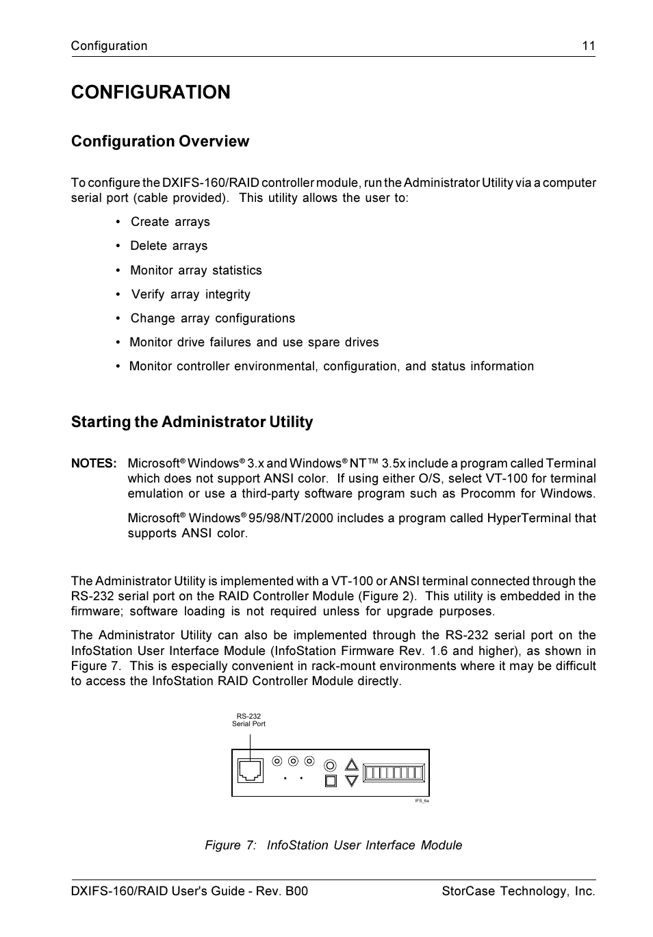 Configuration, Configuration overview, Starting the administrator utility | StorCase Technology SCSI-to-SCSI Single RAID User Manual | Page 21 / 82