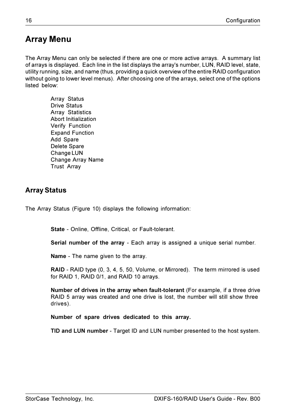 Array menu, Array status | StorCase Technology SCSI-to-SCSI Single RAID User Manual | Page 26 / 82