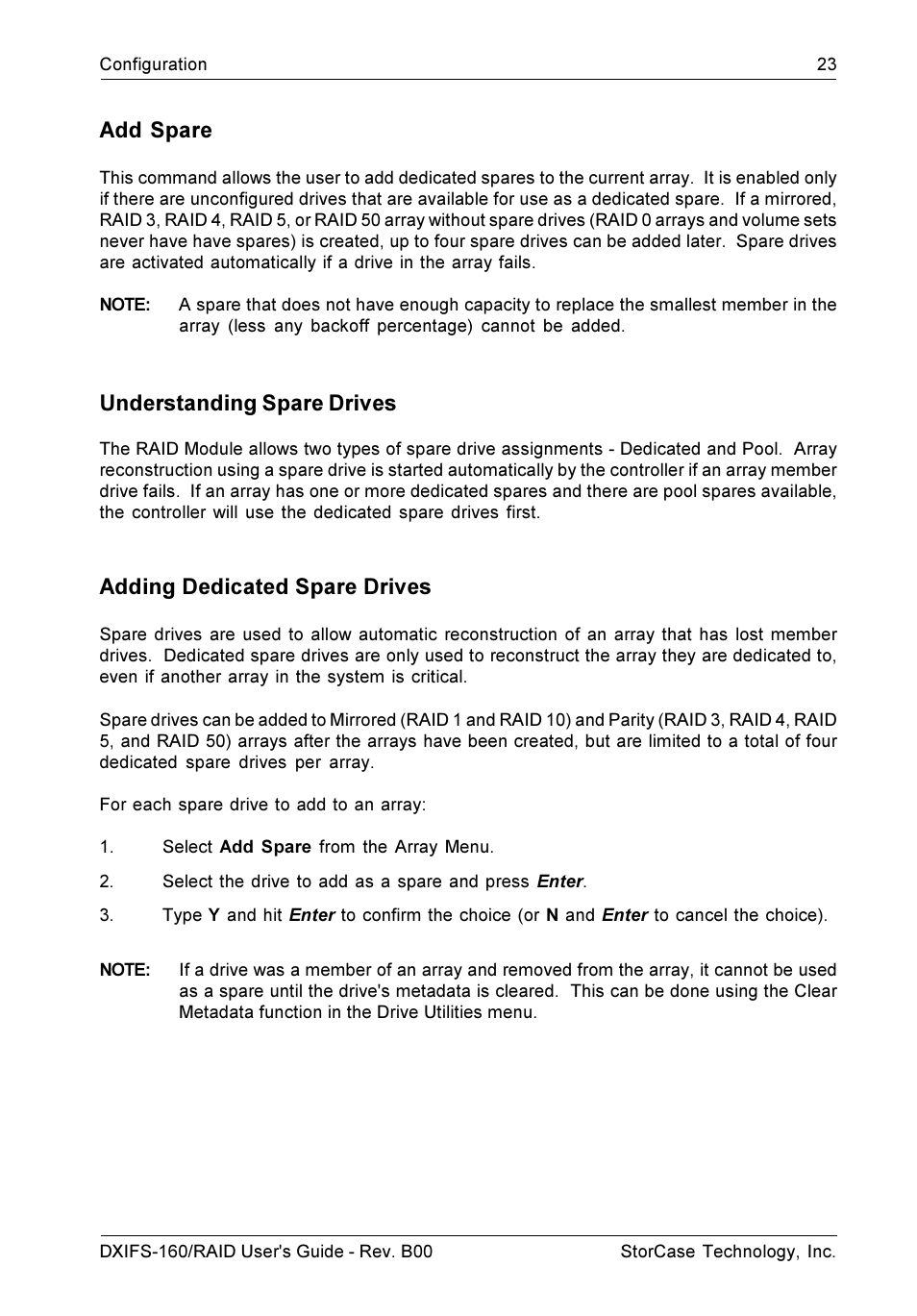 Add spare, Understanding spare drives, Adding dedicated spare drives | StorCase Technology SCSI-to-SCSI Single RAID User Manual | Page 33 / 82