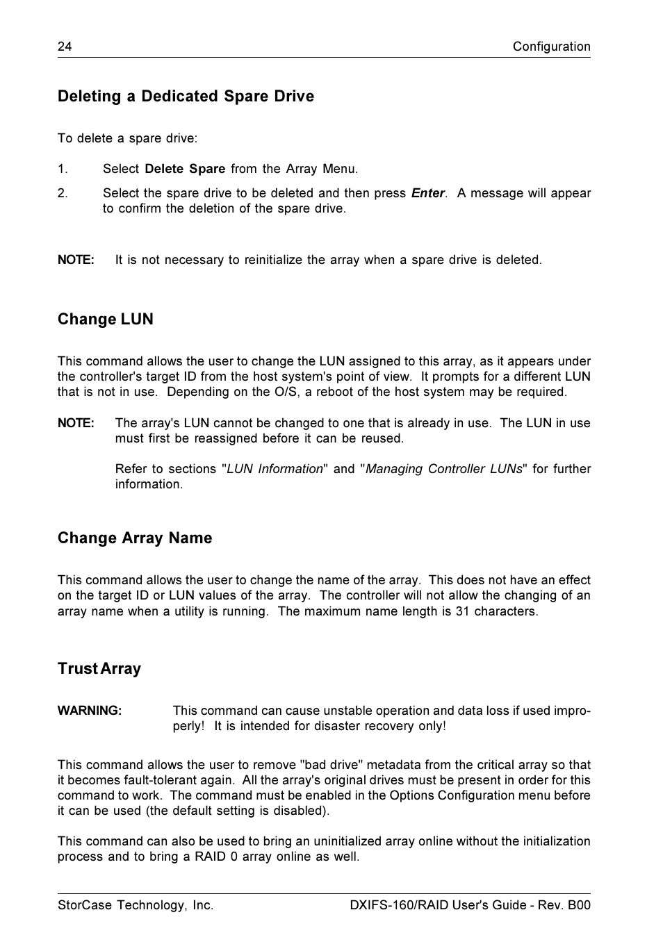 Deleting a dedicated spare drive, Change lun, Change array name | Trust array | StorCase Technology SCSI-to-SCSI Single RAID User Manual | Page 34 / 82