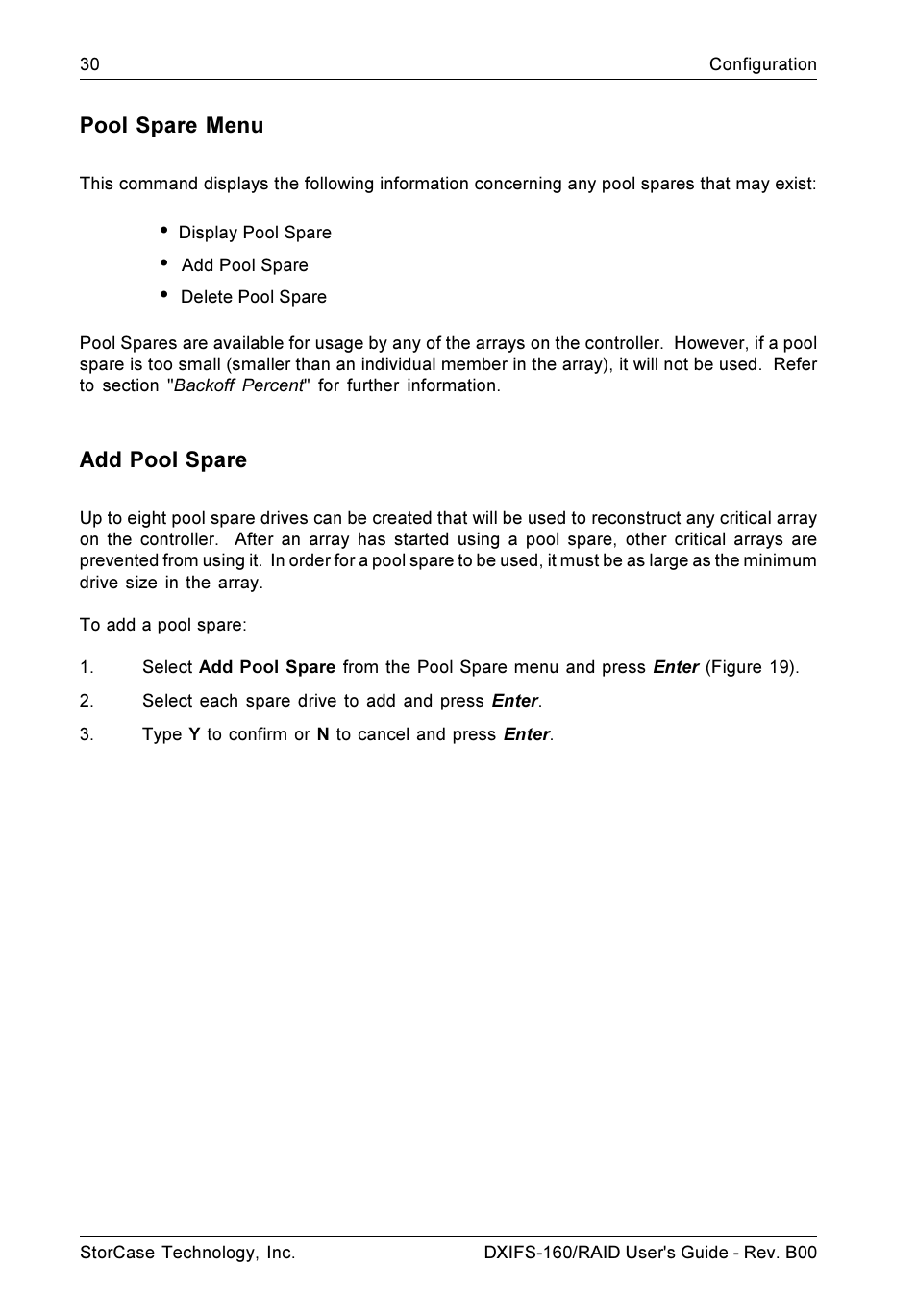 Pool spare menu, Add pool spare | StorCase Technology SCSI-to-SCSI Single RAID User Manual | Page 40 / 82