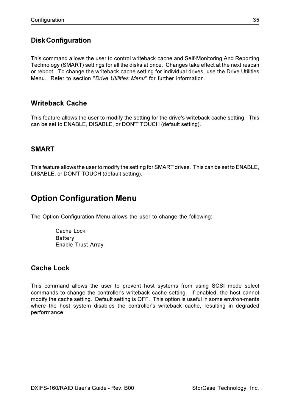 Option configuration menu, Disk configuration, Writeback cache | Smart, Cache lock | StorCase Technology SCSI-to-SCSI Single RAID User Manual | Page 45 / 82