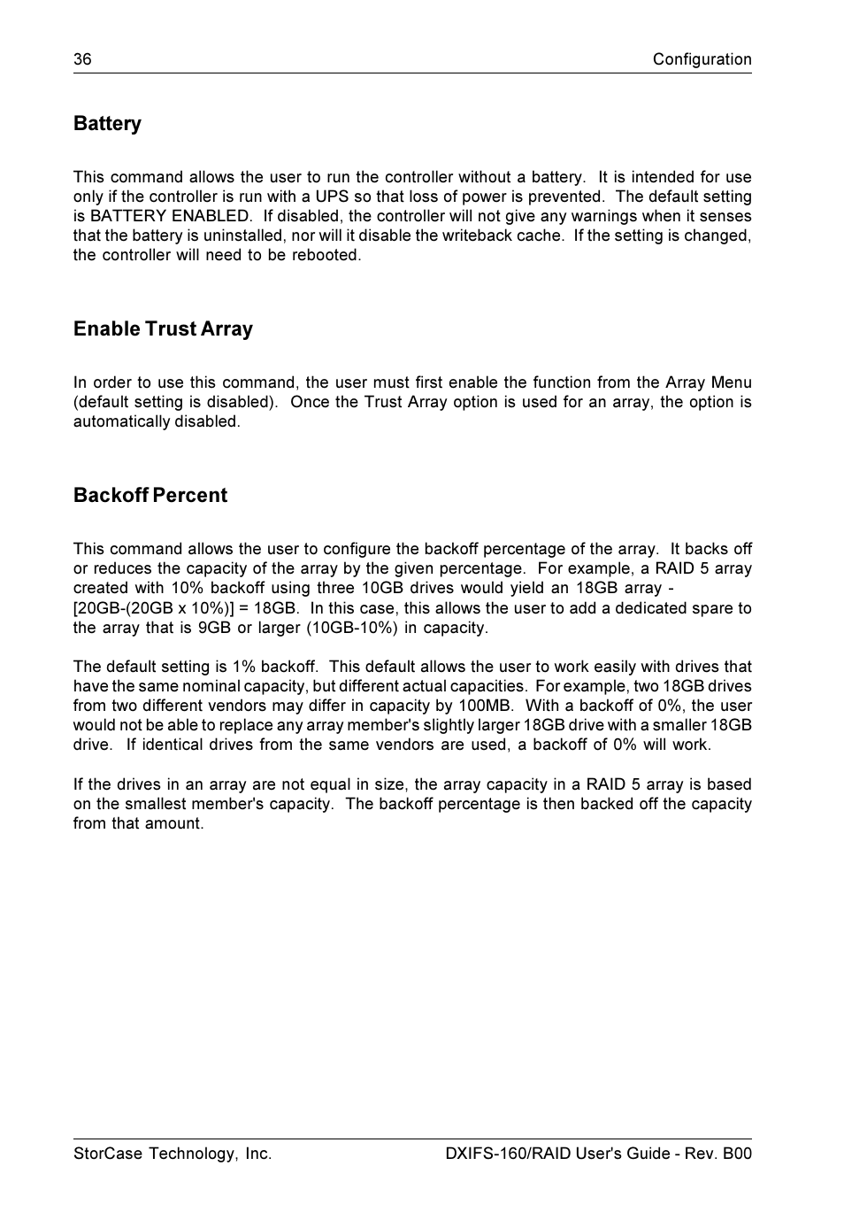Battery, Enable trust array, Backoff percent | StorCase Technology SCSI-to-SCSI Single RAID User Manual | Page 46 / 82
