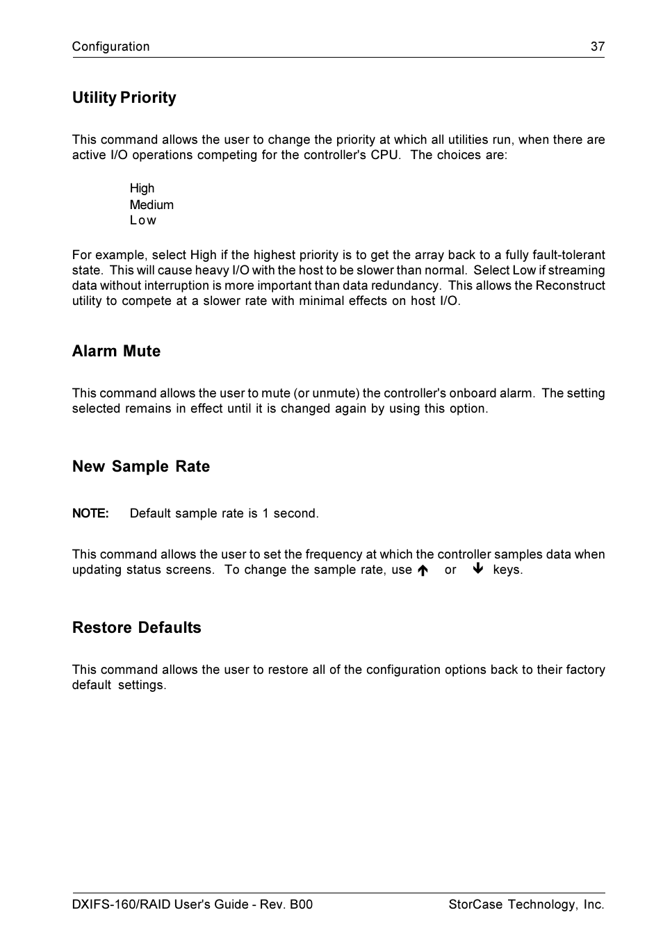 Utility priority, Alarm mute, New sample rate | Restore defaults | StorCase Technology SCSI-to-SCSI Single RAID User Manual | Page 47 / 82