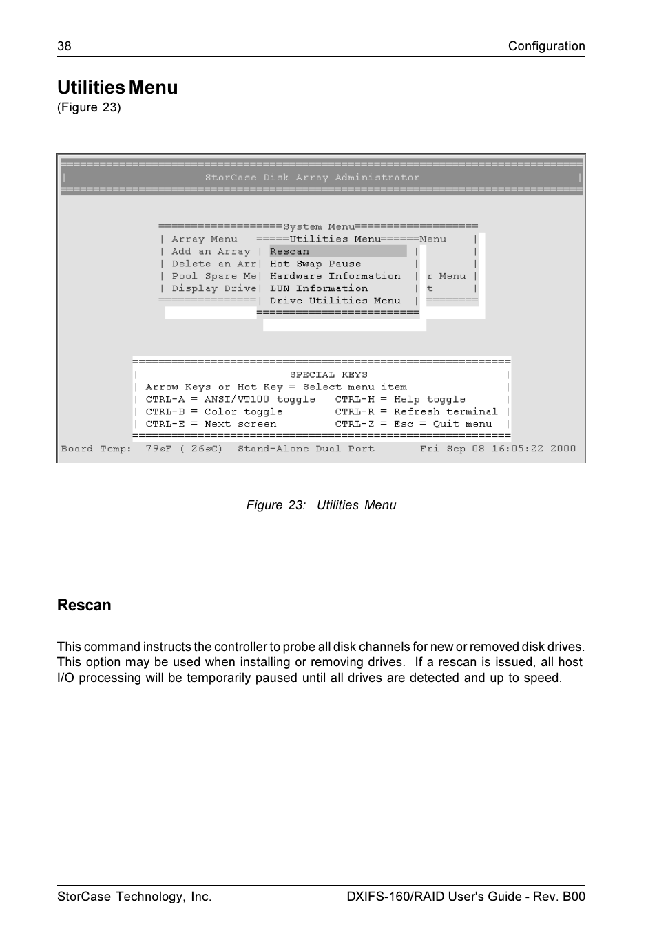 Utilities menu, Rescan | StorCase Technology SCSI-to-SCSI Single RAID User Manual | Page 48 / 82