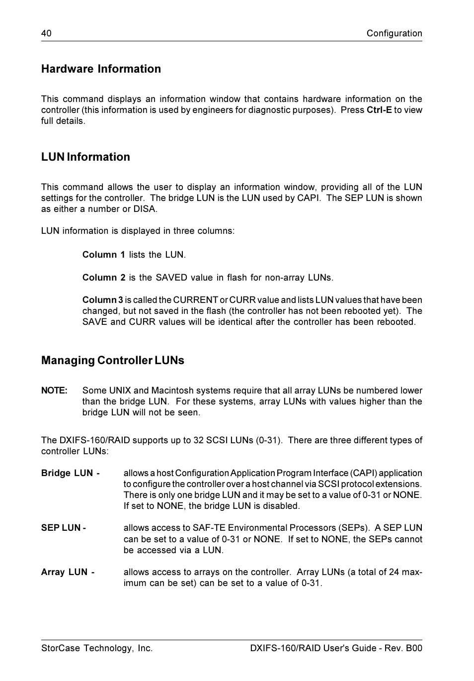 Hardware information, Lun information, Managing controller luns | StorCase Technology SCSI-to-SCSI Single RAID User Manual | Page 50 / 82