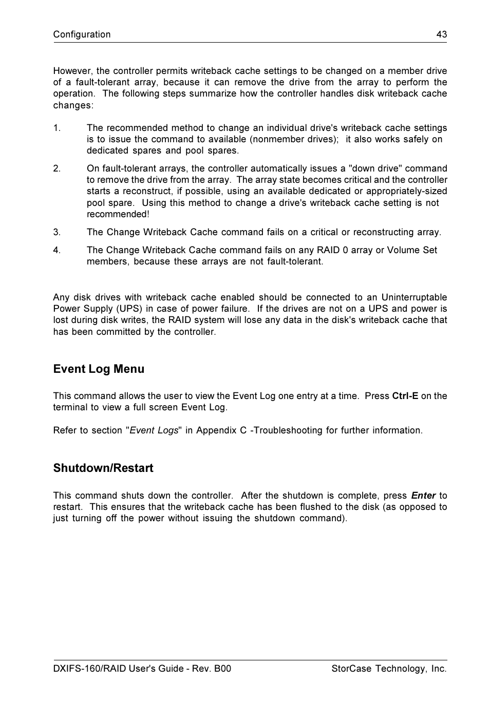 Event log menu, Shutdown/restart | StorCase Technology SCSI-to-SCSI Single RAID User Manual | Page 53 / 82