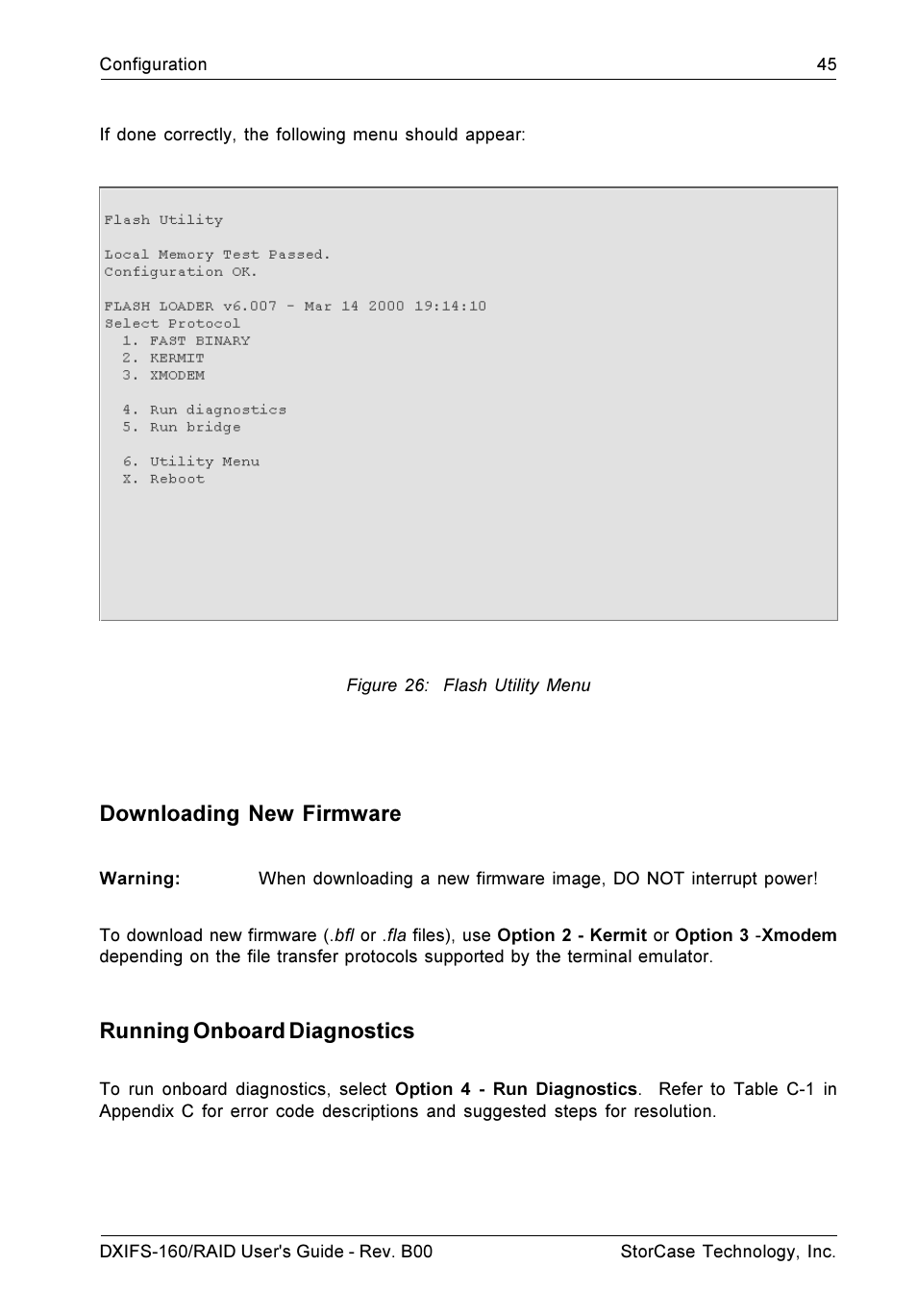 Downloading new firmware, Running onboard diagnostics | StorCase Technology SCSI-to-SCSI Single RAID User Manual | Page 55 / 82
