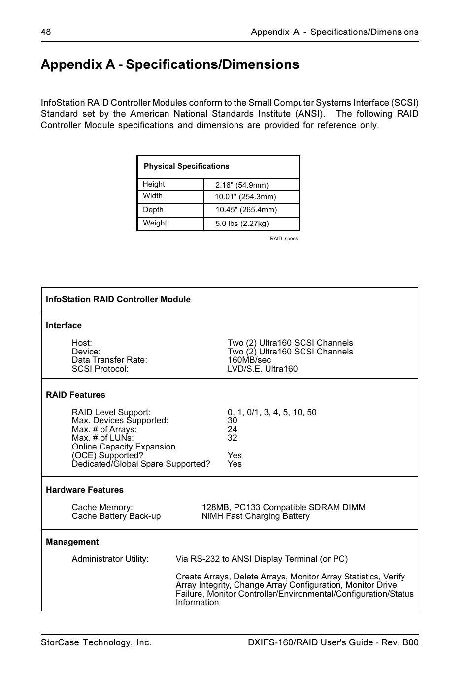 Appendix a - specifications/dimensions | StorCase Technology SCSI-to-SCSI Single RAID User Manual | Page 58 / 82