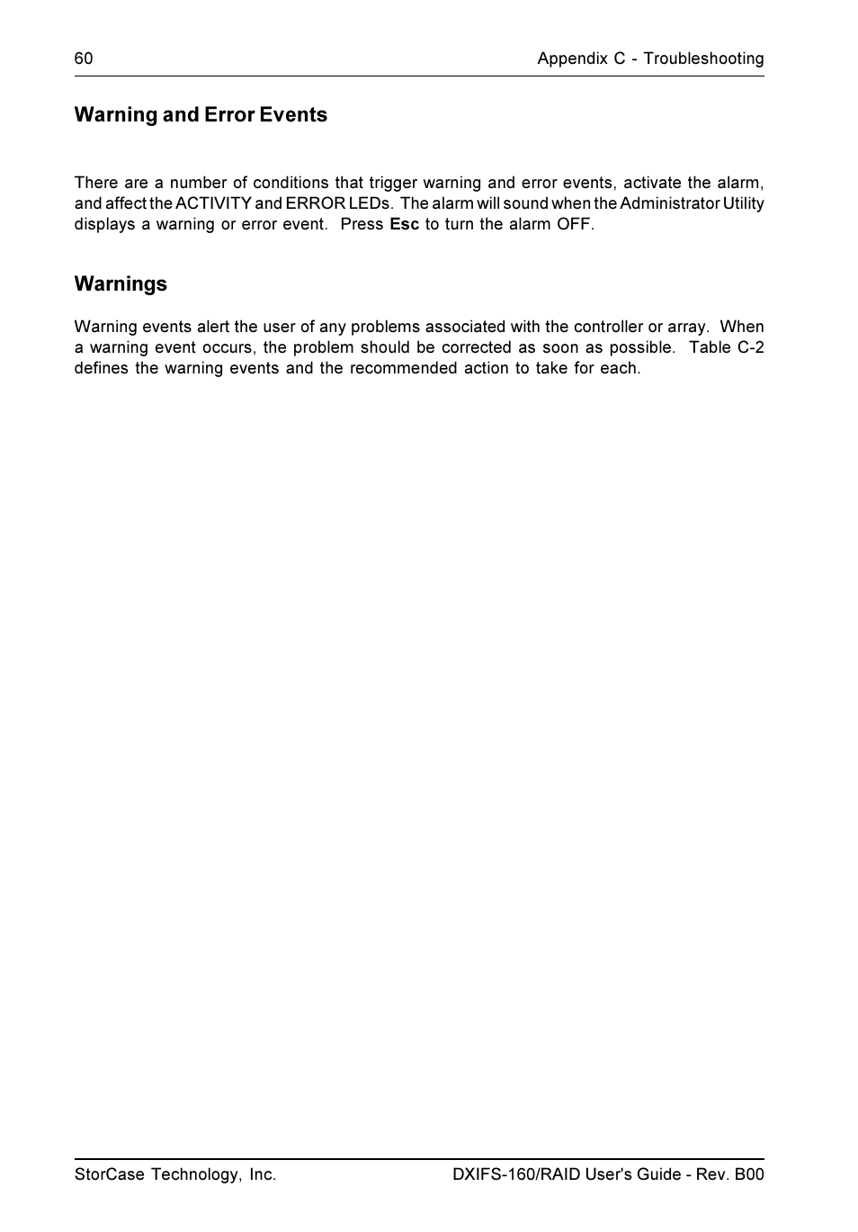 Warning and error events, Warnings | StorCase Technology SCSI-to-SCSI Single RAID User Manual | Page 70 / 82