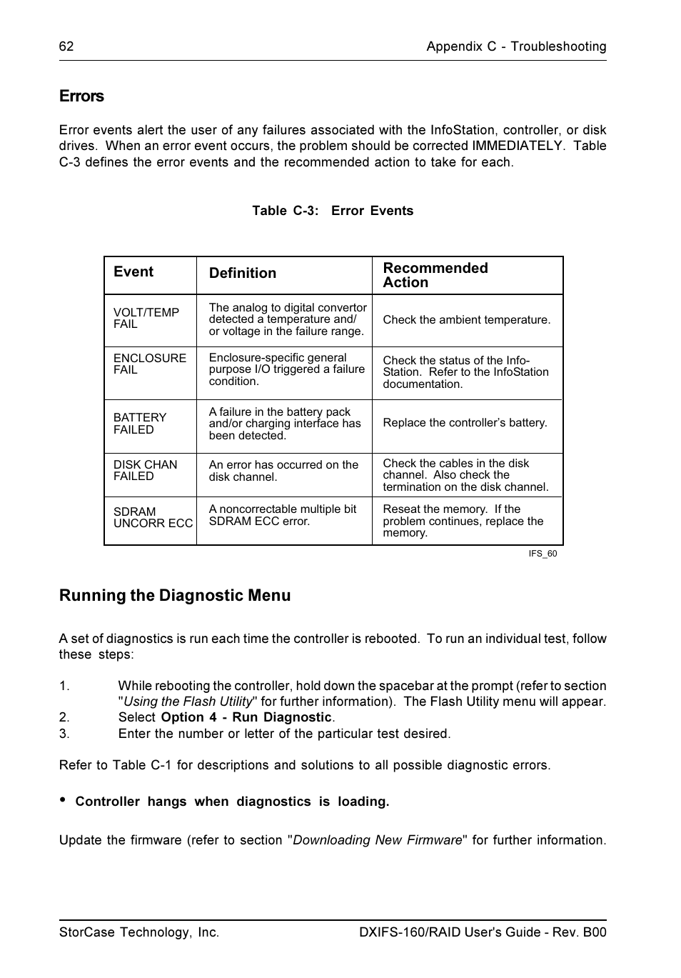 Errors, Running the diagnostic menu | StorCase Technology SCSI-to-SCSI Single RAID User Manual | Page 72 / 82