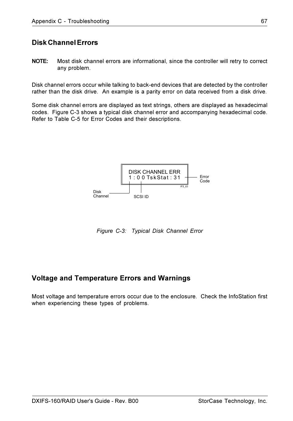 Disk channel errors, Voltage and temperature errors and warnings | StorCase Technology SCSI-to-SCSI Single RAID User Manual | Page 77 / 82