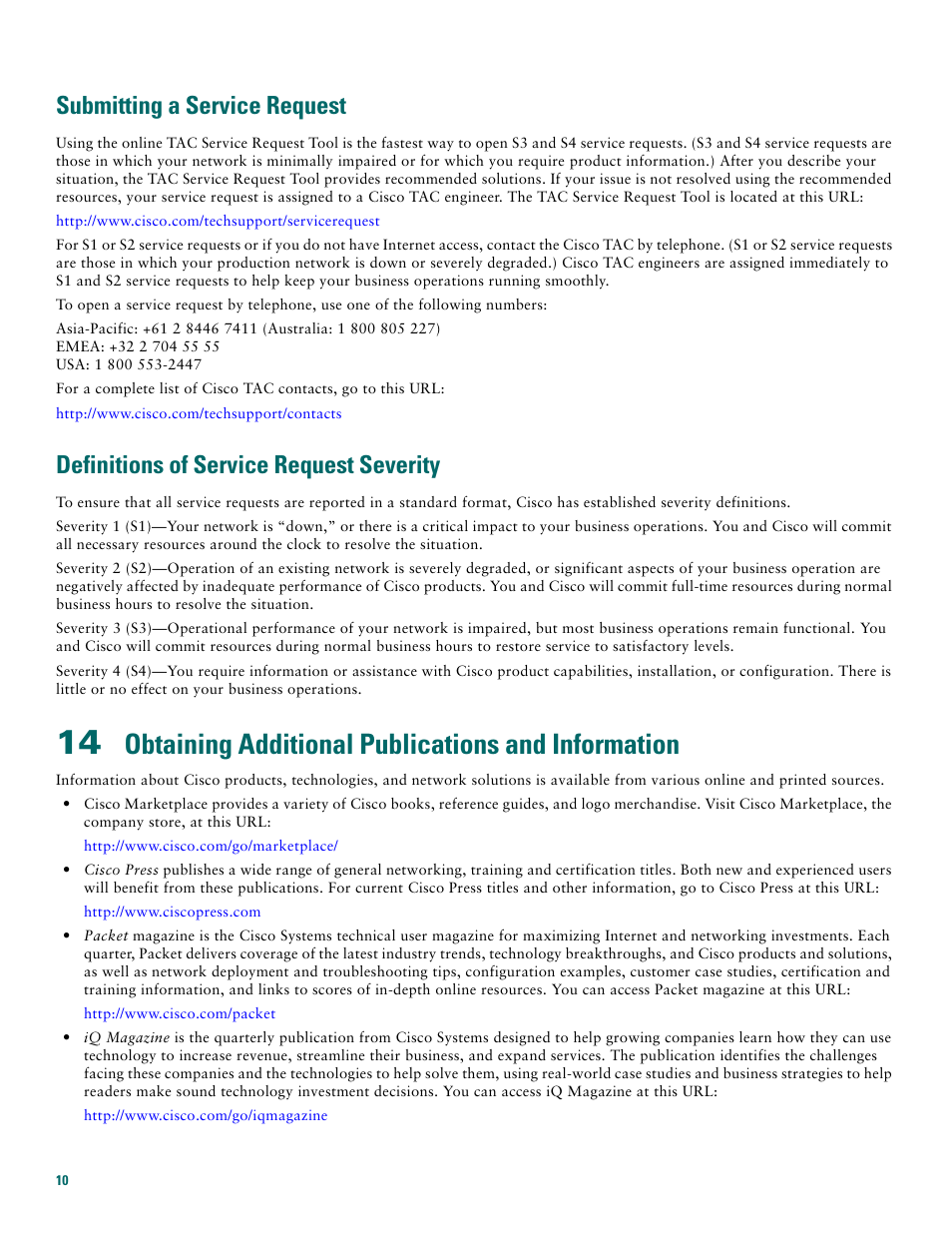 Submitting a service request, Definitions of service request severity, Obtaining additional publications and information | Cisco 1710 User Manual | Page 10 / 12