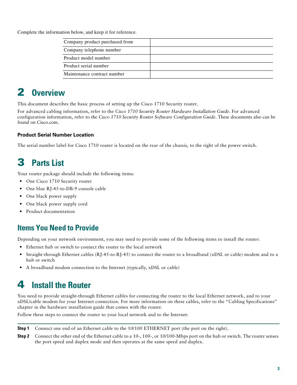 2 overview, 3 parts list, Items you need to provide | 4 install the router, Overview, Parts list, Install the router | Cisco 1710 User Manual | Page 3 / 12