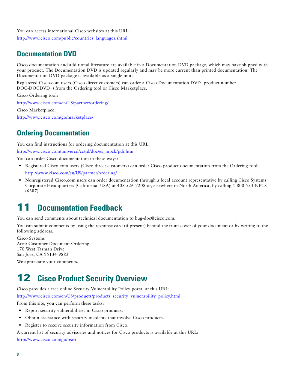 Documentation dvd, Ordering documentation, 11 documentation feedback | 12 cisco product security overview, Documentation feedback, Cisco product security overview | Cisco 1710 User Manual | Page 8 / 12