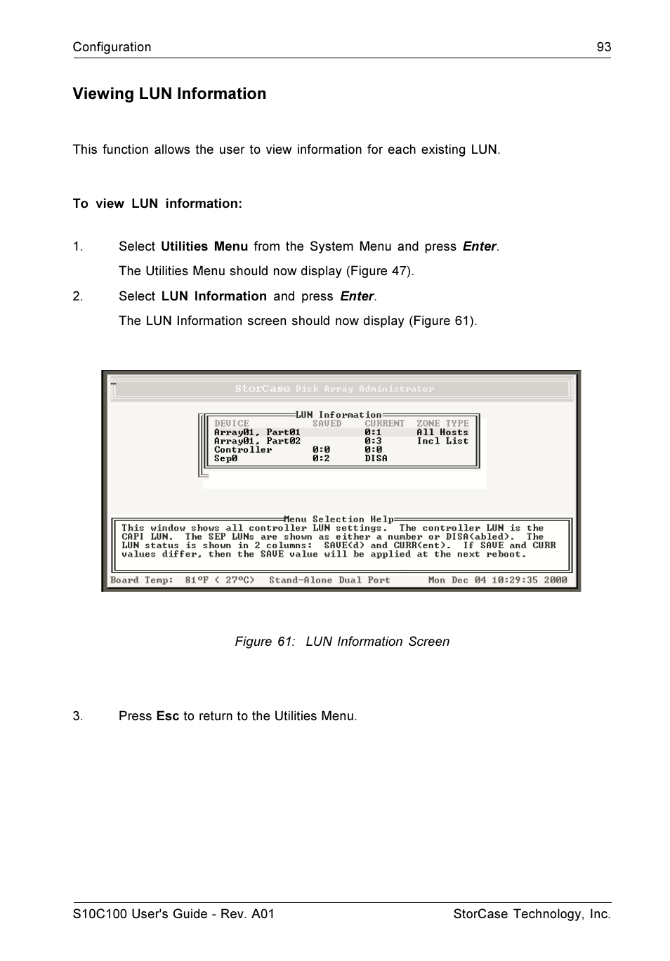 Viewing lun information | StorCase Technology Fibre-to-SCSI Single RAID User Manual | Page 105 / 162