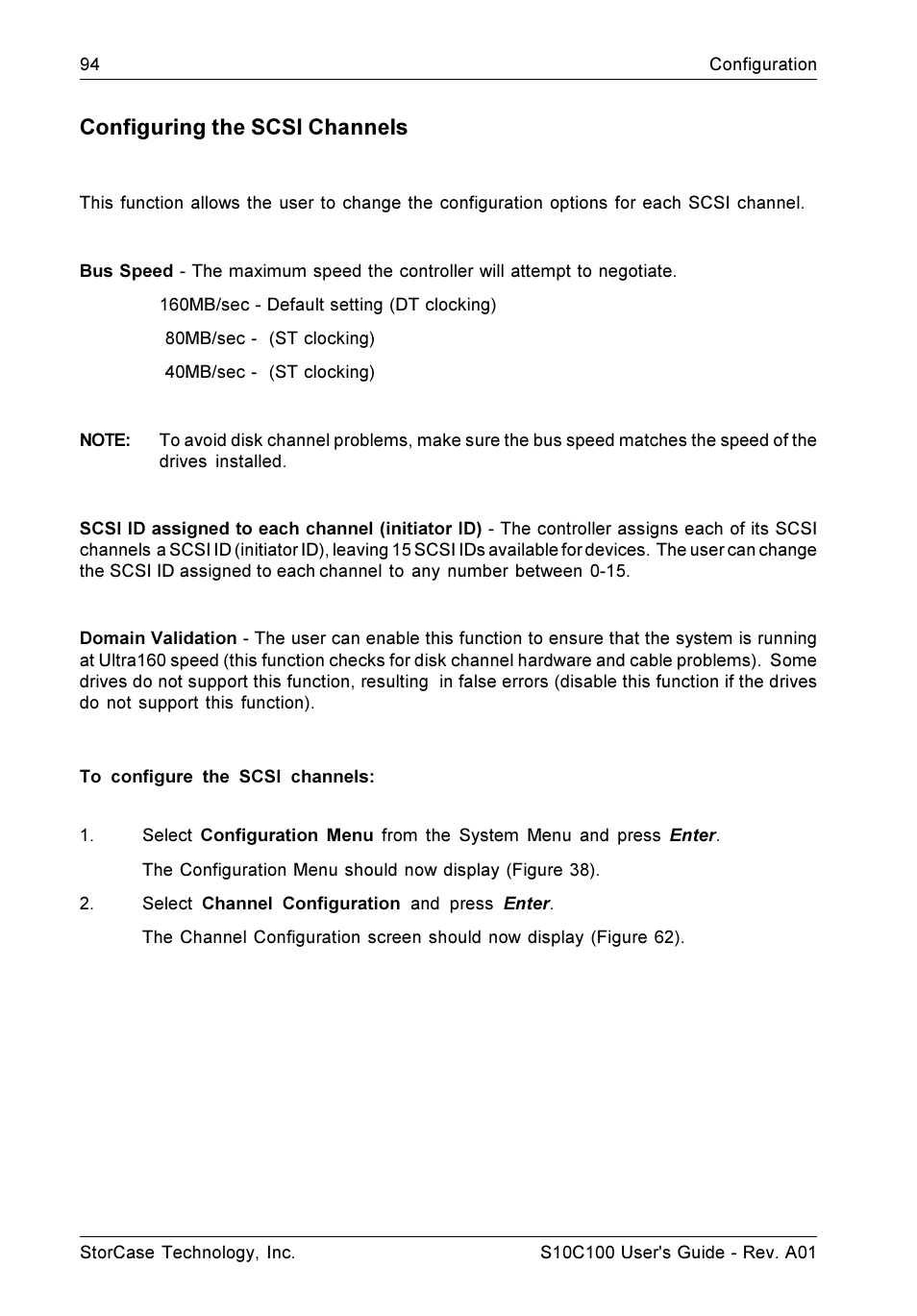 Configuring the scsi channels | StorCase Technology Fibre-to-SCSI Single RAID User Manual | Page 106 / 162