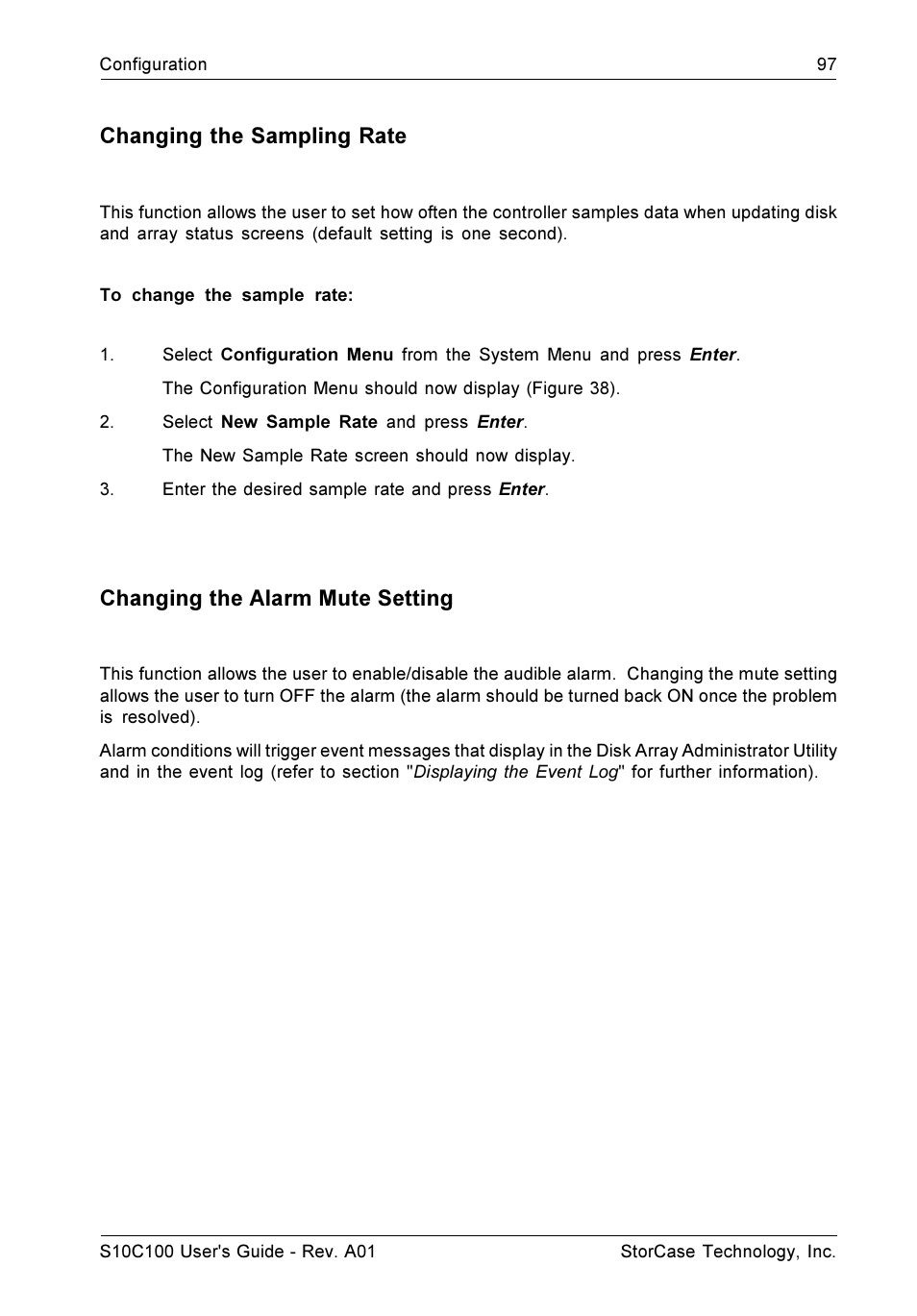 Changing the sampling rate, Changing the alarm mute setting | StorCase Technology Fibre-to-SCSI Single RAID User Manual | Page 109 / 162