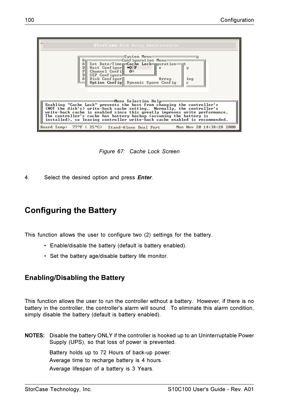 Configuring the battery, Enabling/disabling the battery | StorCase Technology Fibre-to-SCSI Single RAID User Manual | Page 112 / 162