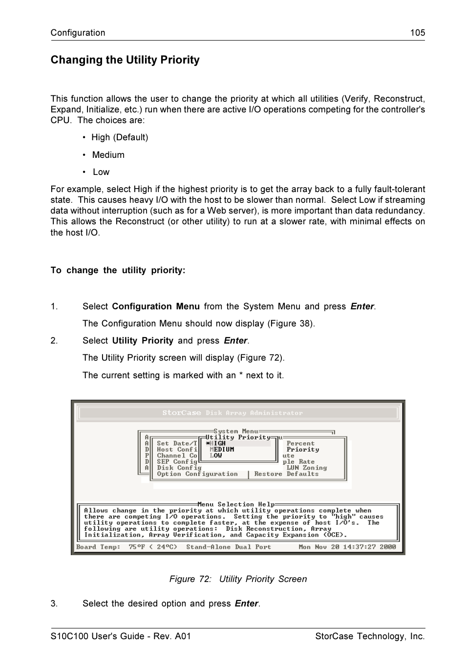 Changing the utility priority | StorCase Technology Fibre-to-SCSI Single RAID User Manual | Page 117 / 162