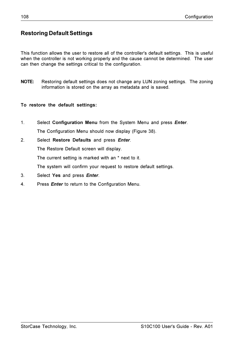 Restoring default settings | StorCase Technology Fibre-to-SCSI Single RAID User Manual | Page 120 / 162