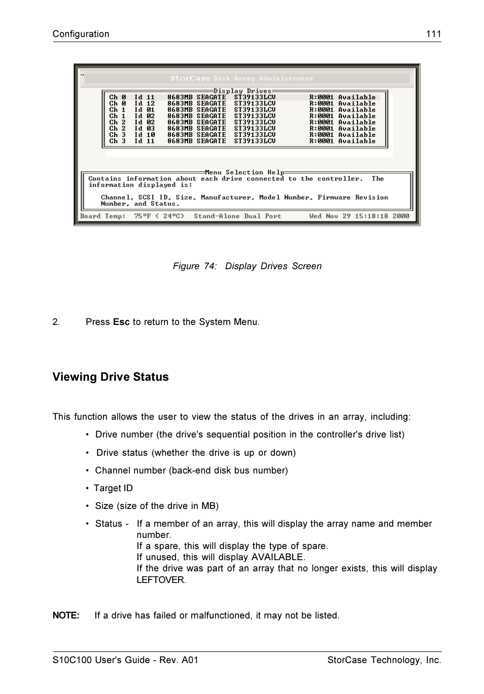 Viewing drive status | StorCase Technology Fibre-to-SCSI Single RAID User Manual | Page 123 / 162