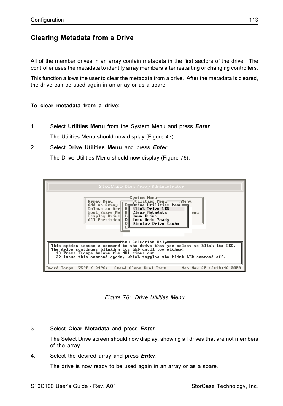 Clearing metadata from a drive | StorCase Technology Fibre-to-SCSI Single RAID User Manual | Page 125 / 162
