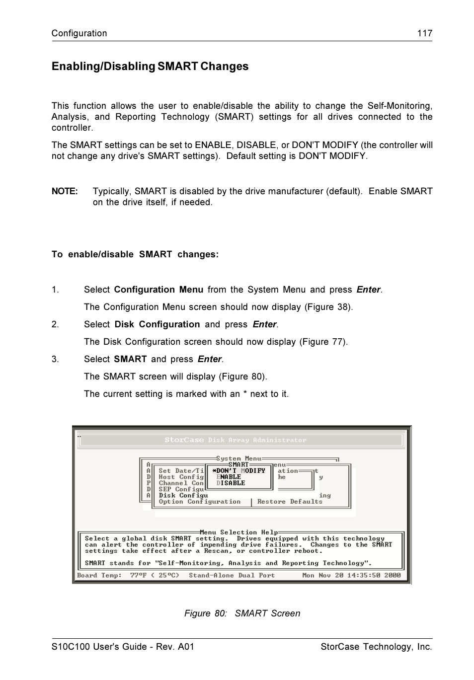 Enabling/disabling smart changes | StorCase Technology Fibre-to-SCSI Single RAID User Manual | Page 129 / 162