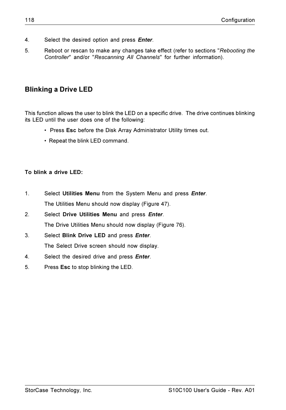 Blinking a drive led | StorCase Technology Fibre-to-SCSI Single RAID User Manual | Page 130 / 162