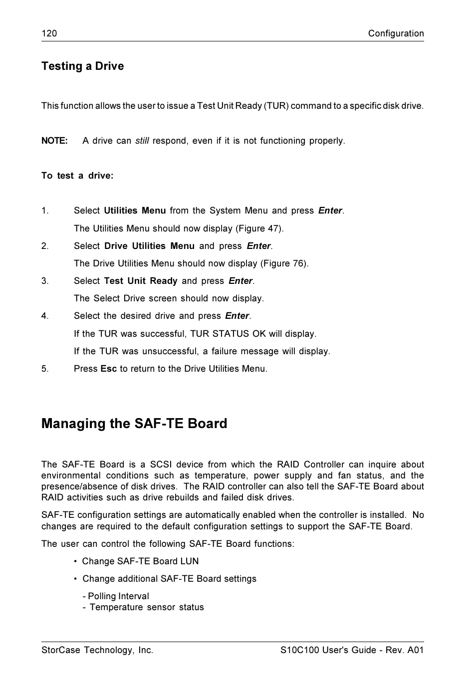 Managing the saf-te board, Testing a drive | StorCase Technology Fibre-to-SCSI Single RAID User Manual | Page 132 / 162